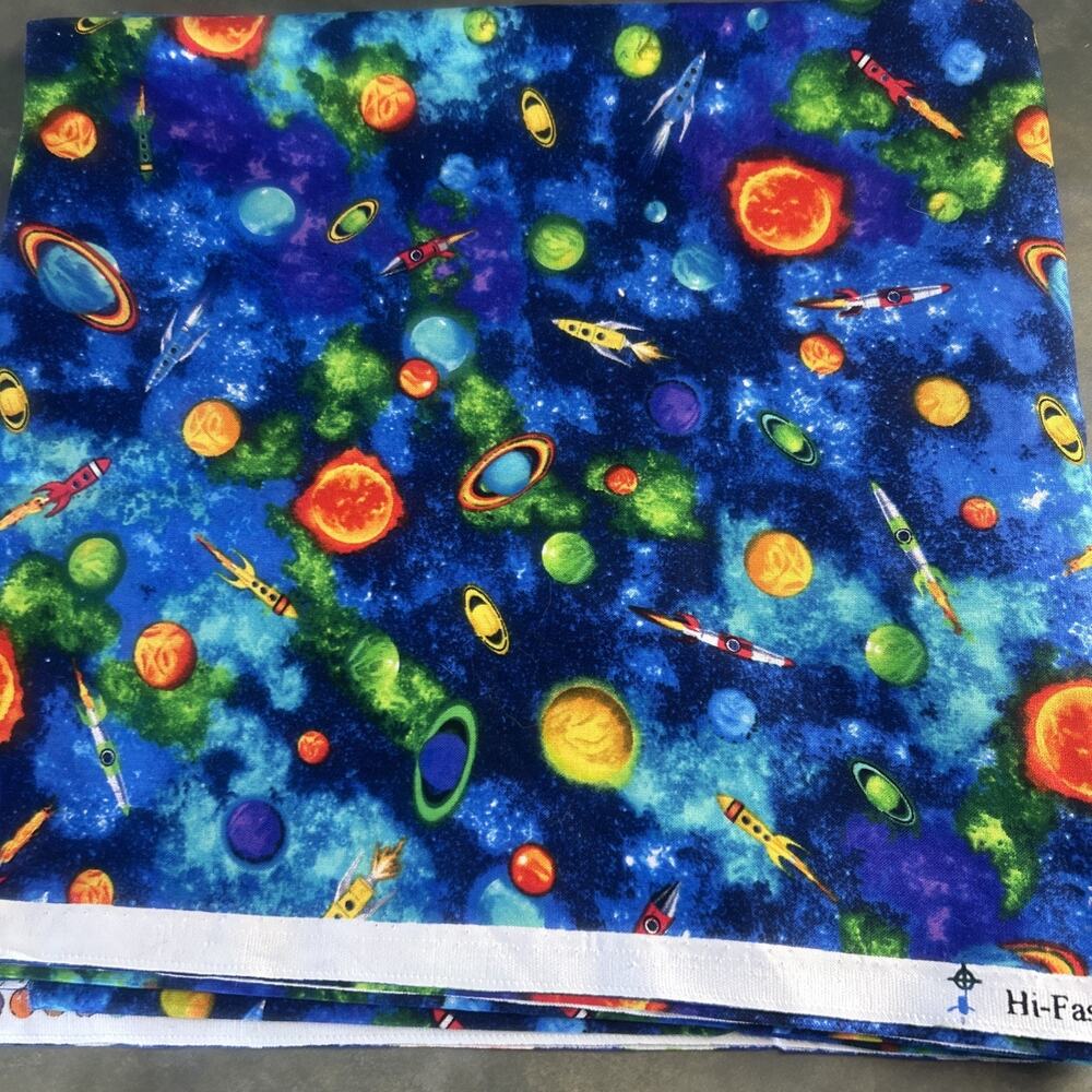 Space Rocket Planet Fabric 48x46 Cotton Galaxy Novelty High Fashion Kids Bright